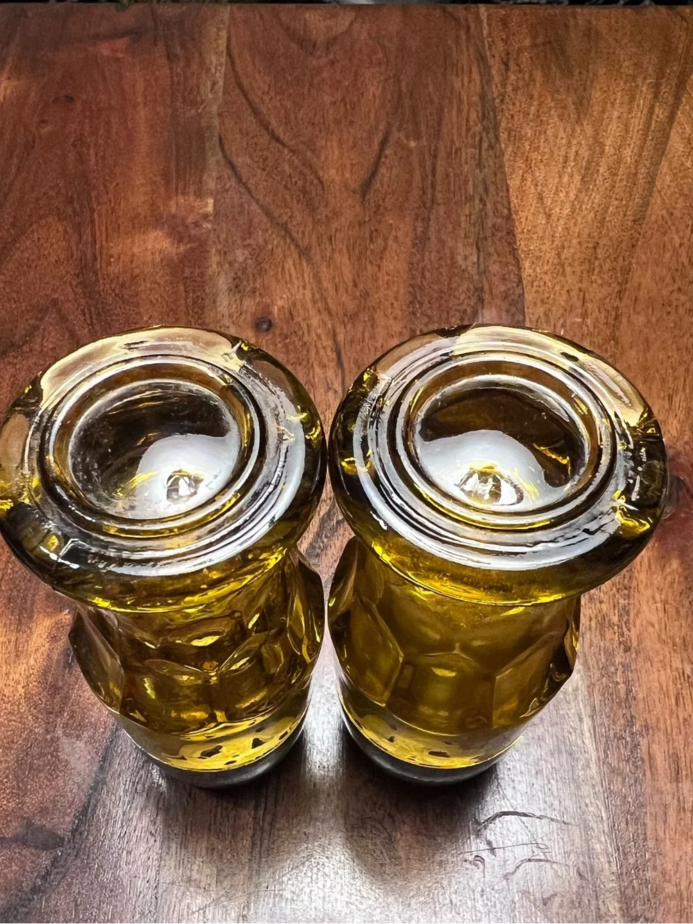 Vintage Amber Glass Salt & Pepper Shakers Silver Tone MCM
